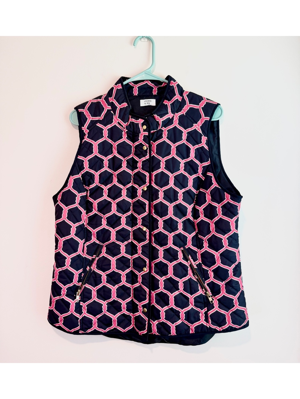 Crown & Ivy Women's Quilted Sleeveless Vest XL Navy Pink